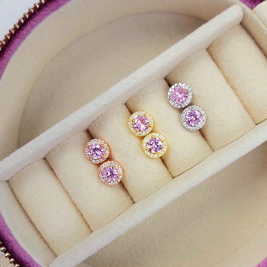 Silver Earrings Circle Stud With White CZ And Pink CZ