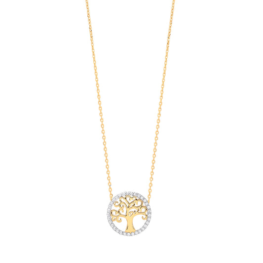 9ct Yellow Gold Tree of Life Cubic Zirconia 18" Necklace