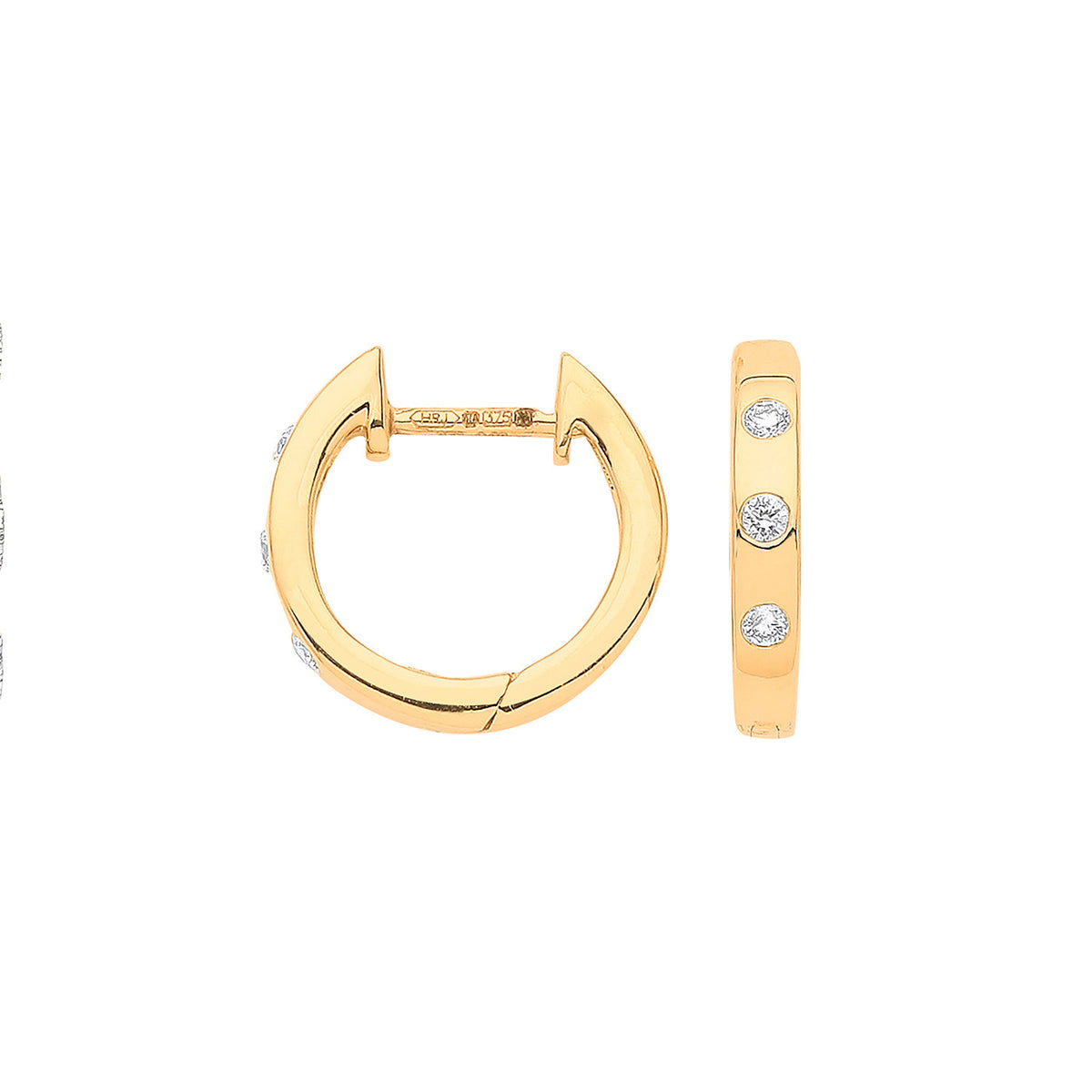 9ct Yellow Gold Rubover Diamond Huggie Hoop Earrings (0.08ctw)