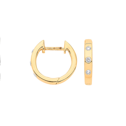 9ct Yellow Gold Rubover Diamond Huggie Hoop Earrings (0.08ctw)