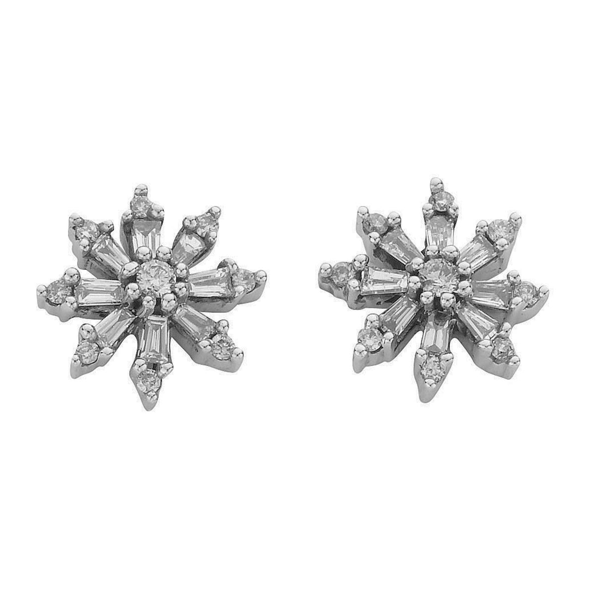 9ct Gold Baguette and Brilliant-Cut Diamond 10mm Cluster Earrings