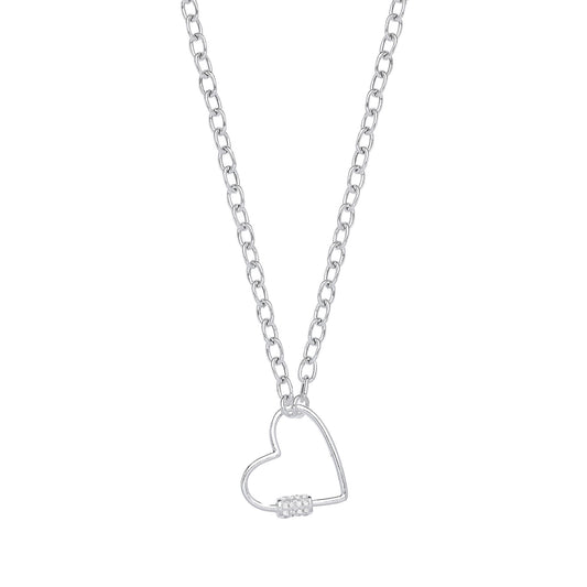 Silver Oval Link Chain , Heart Cz Charm Necklace