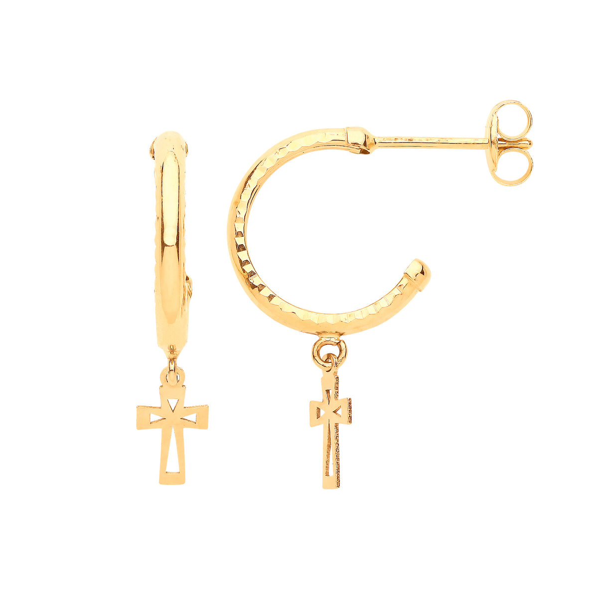 9ct Yellow Gold Diamond-Cut Hoop Studs with Cross Drop