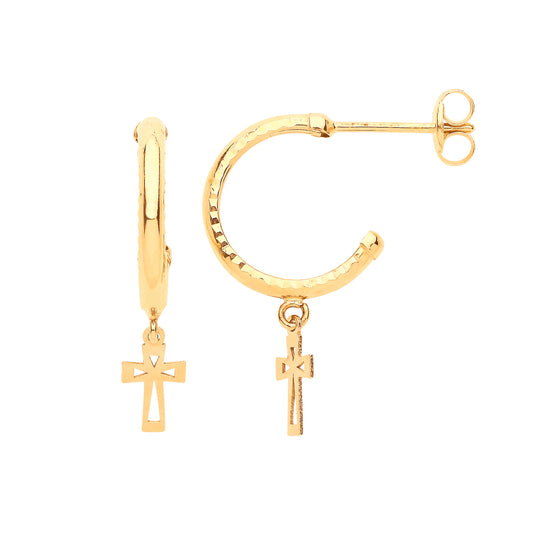 9ct Yellow Gold Diamond-Cut Hoop Studs with Cross Drop