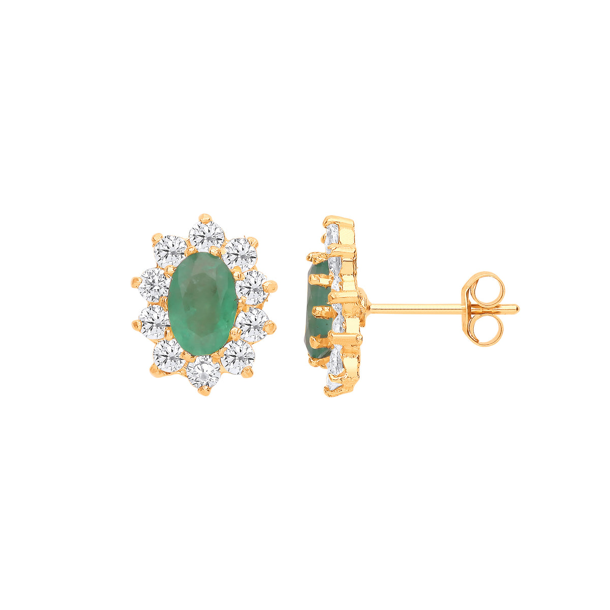 9ct Yellow Gold Emerald and Cubic Zirconia Cluster Stud Earrings
