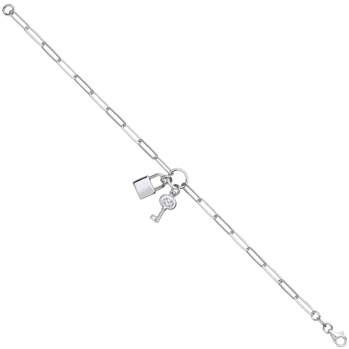 Silver Paper Clip Chain , Padlock & CZ Key Bracelet