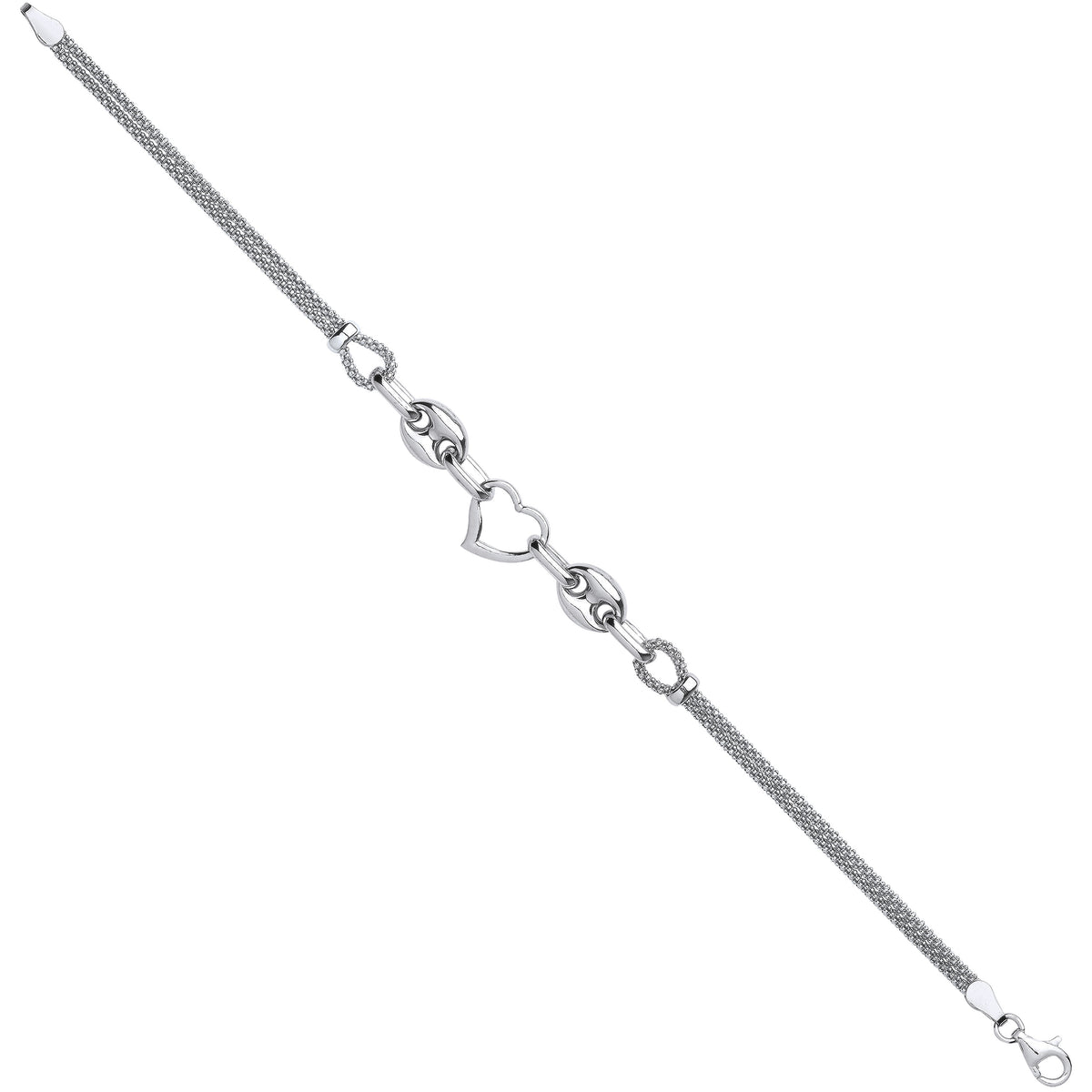 Sterling Silver Heart & Coffee Bean Popcorn Chain Ladies Bracelet