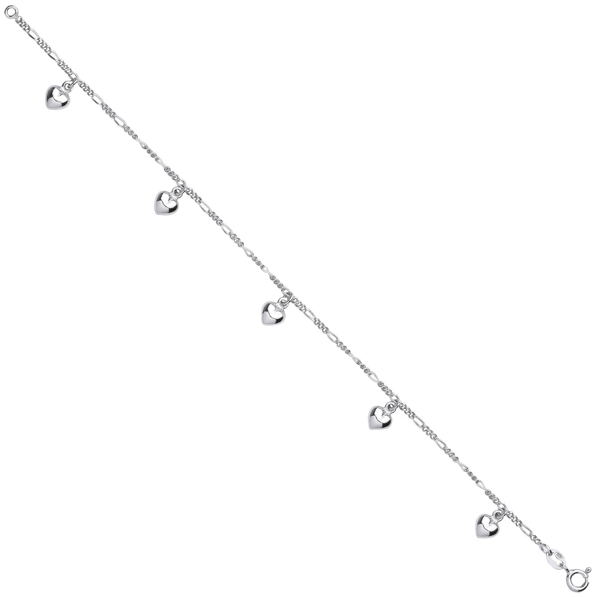 Sterling Silver small figaro chain with heart charms bracelet