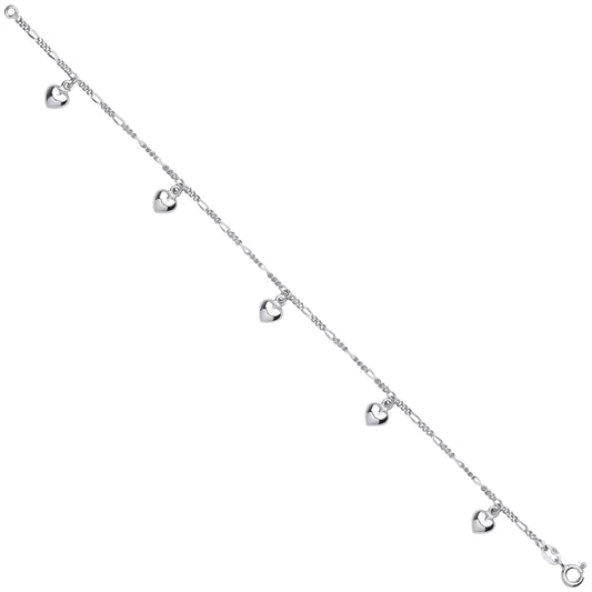 Sterling Silver small figaro chain with heart charms bracelet