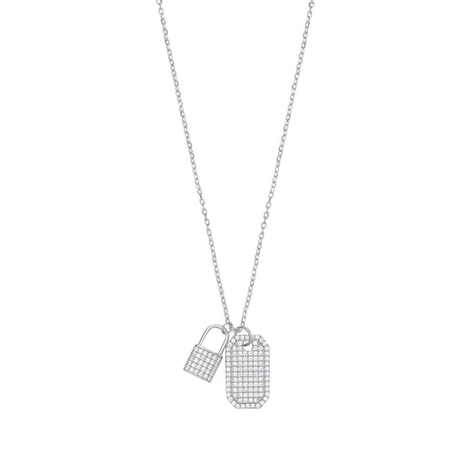Sterling Silver CZ Padlock & Dog Tag Pendant Necklace