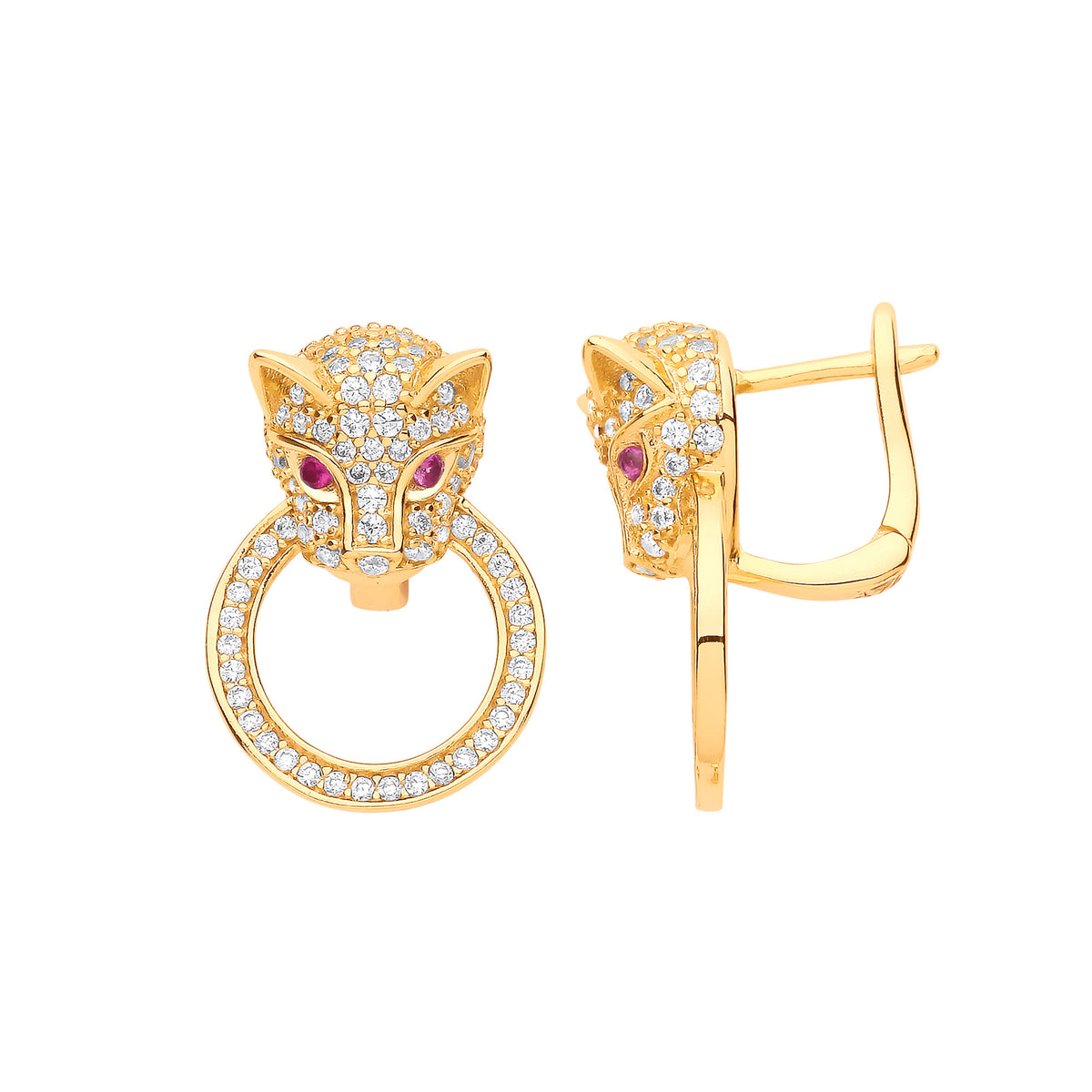 Sterling Silver Yellow Gold Plated CZ Jaguar Door Knocker Drop Earrings