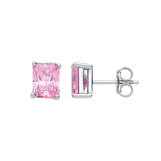 Sterling Silver Pink Cubic Zirconia Emerald-Cut Stud Earrings