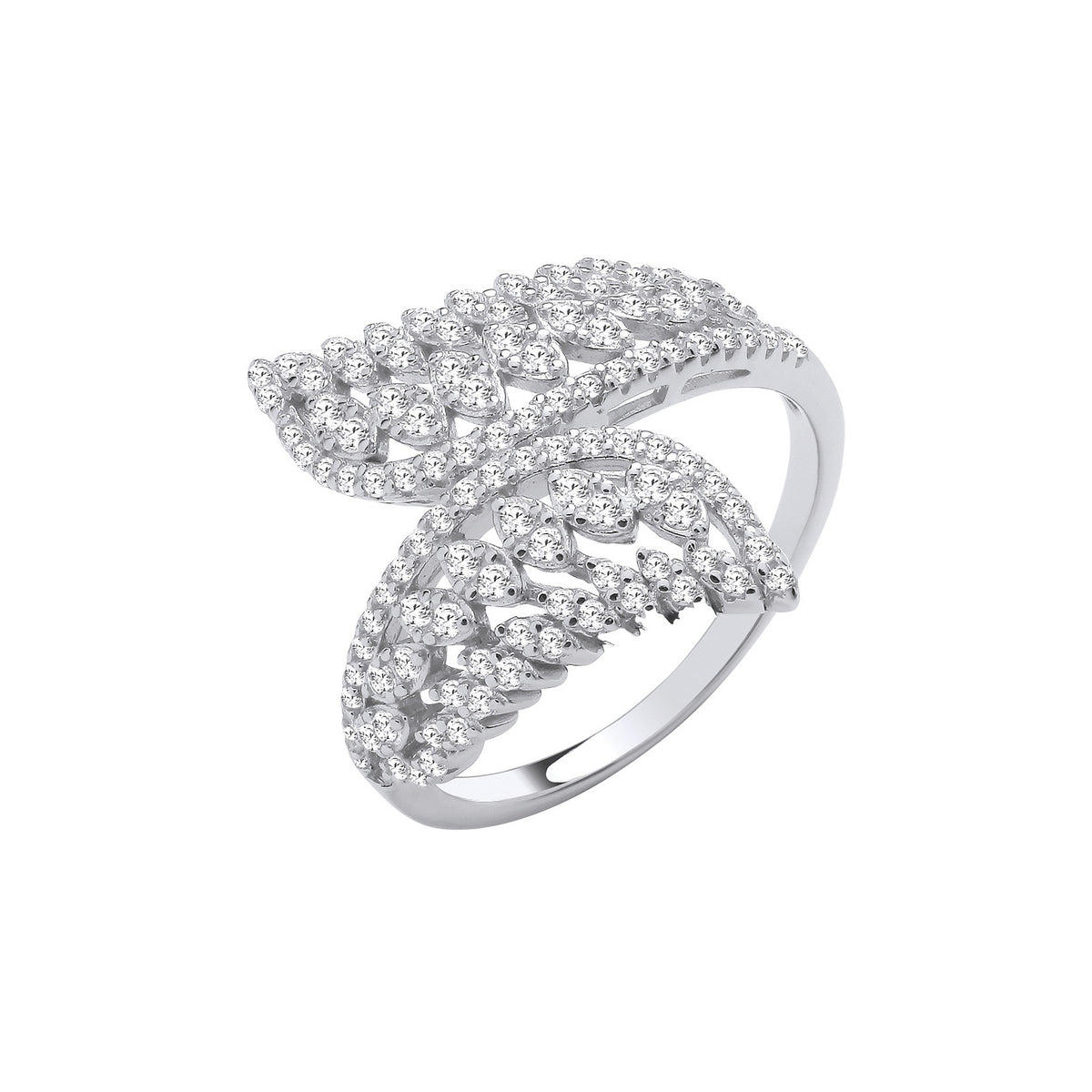 Sterling Silver Crossover Leaf Style CZ Ring