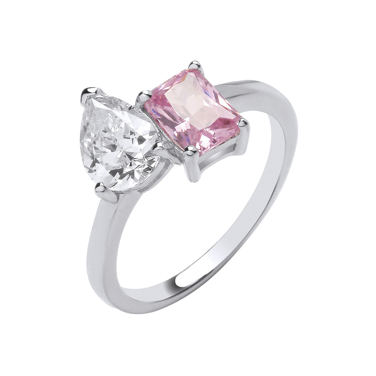 Sterling Silver Crossover Pear-Cut Clear & Pink CZ Ring