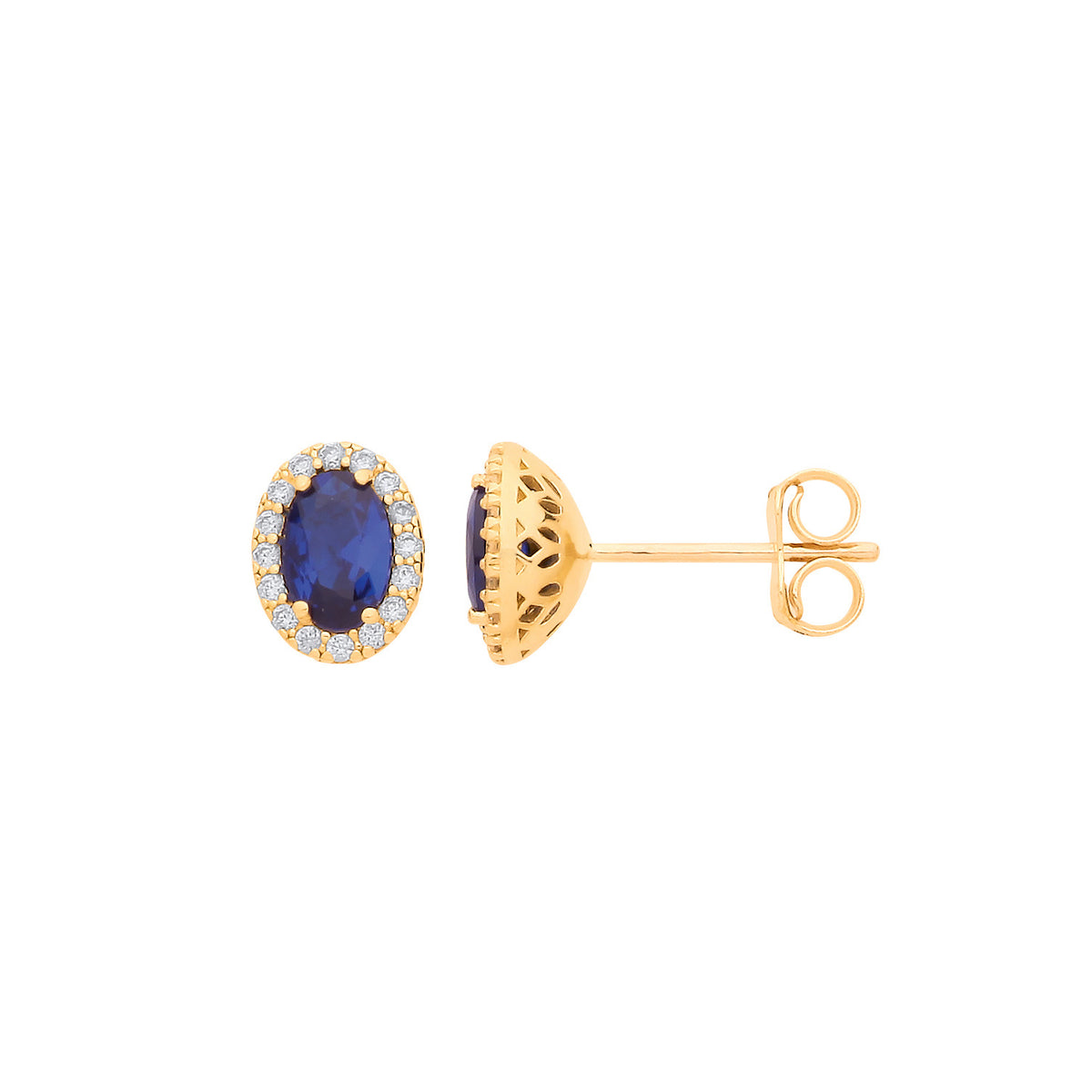 Yellow Gold Plated Sterling Silver Oval Blue CZ Stud Earrings