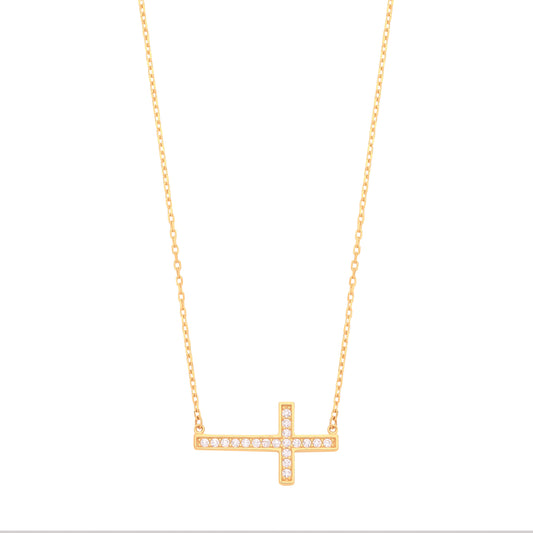 9ct Yellow Gold CZ Cross Pendant with 17" Chain