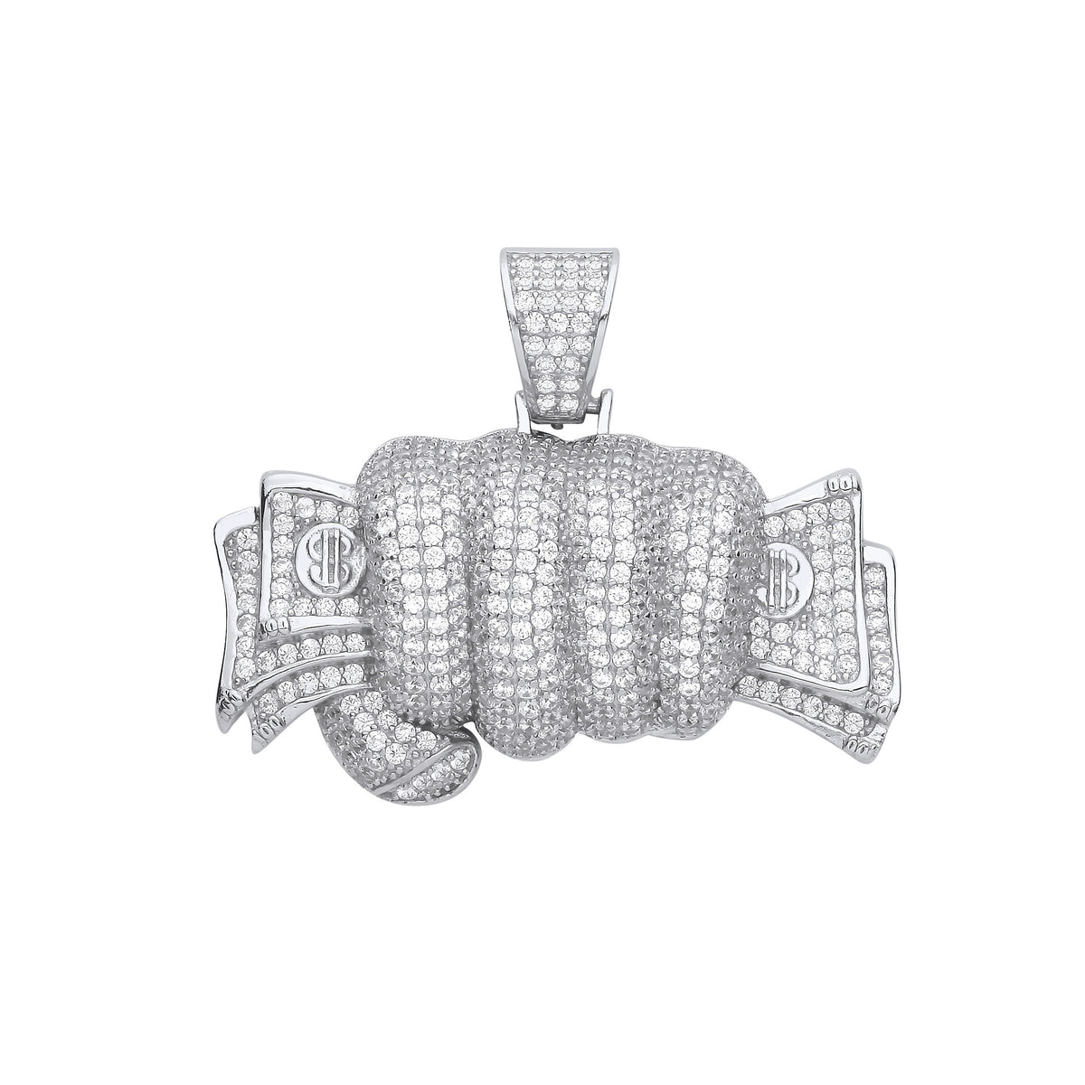 Silver Fist Full of Cash CZ Hollow Pendant