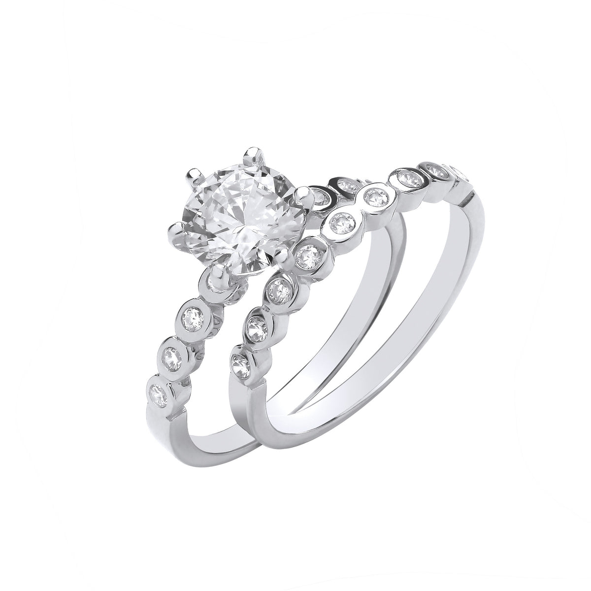 Sterling Silver Big CZ Solitaire & Rubover Half Eternity Bridal Ring Set