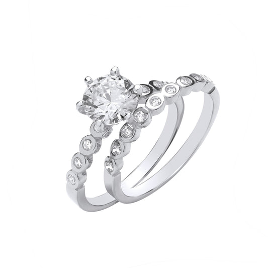 Sterling Silver Big CZ Solitaire & Rubover Half Eternity Bridal Ring Set