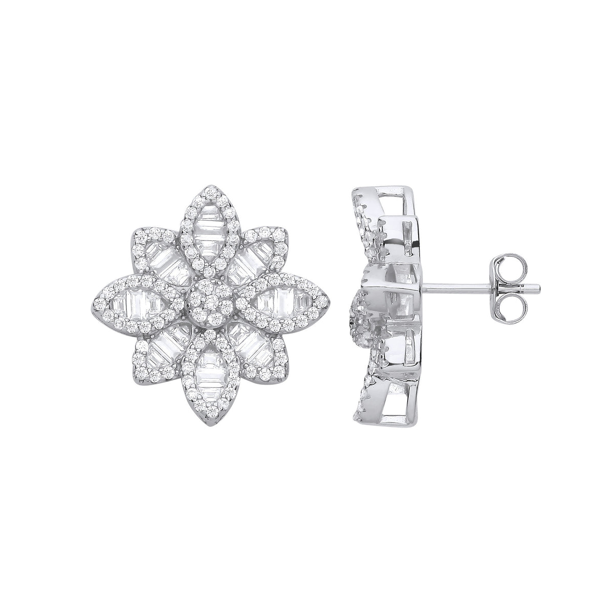 Sterling Silver Cubic Zirconia Large Floral Cluster Stud Earrings