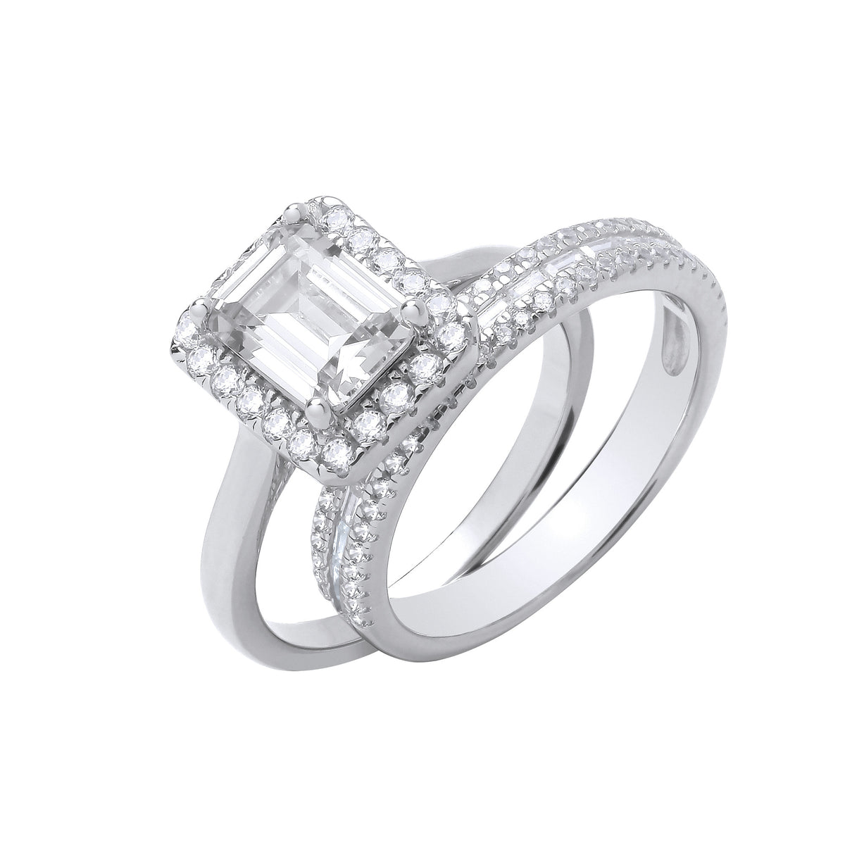 Sterling Silver Emerald-Cut Cubic Zirconia Solitaire and Half Eternity Bridal Set