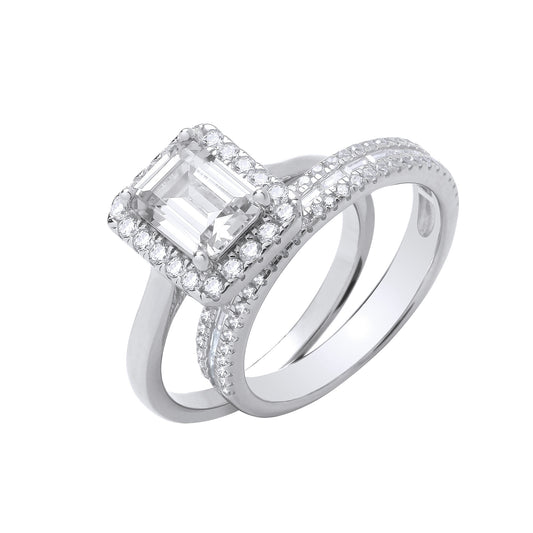 Sterling Silver Emerald-Cut Cubic Zirconia Solitaire and Half Eternity Bridal Set