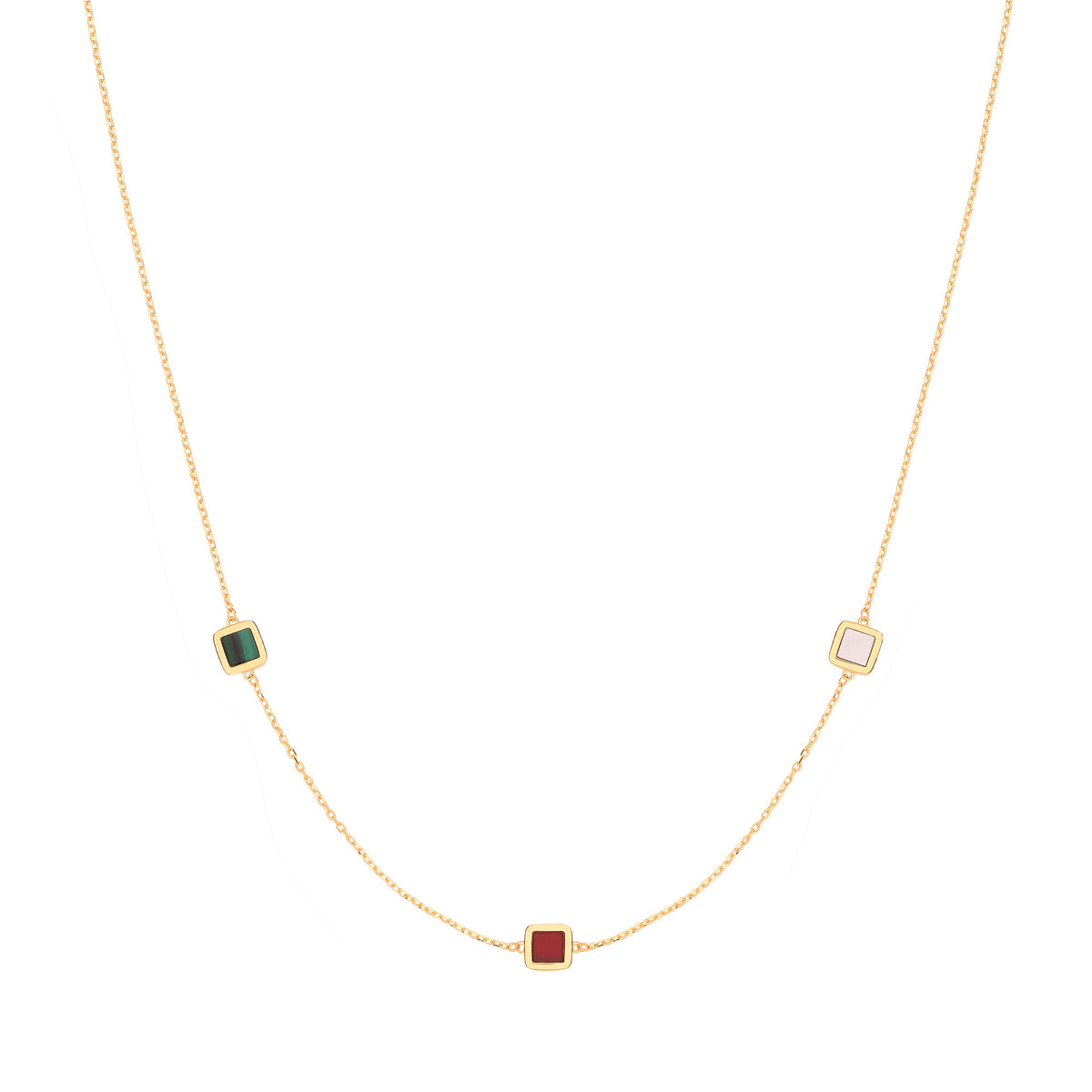 9ct Yellow Gold Rubover Squares Multi-Color CZ Necklace (18") and Bracelet (7") Set