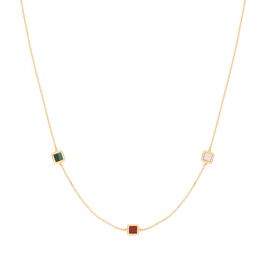 9ct Yellow Gold Rubover Squares Multi-Color CZ Necklace (18") and Bracelet (7") Set