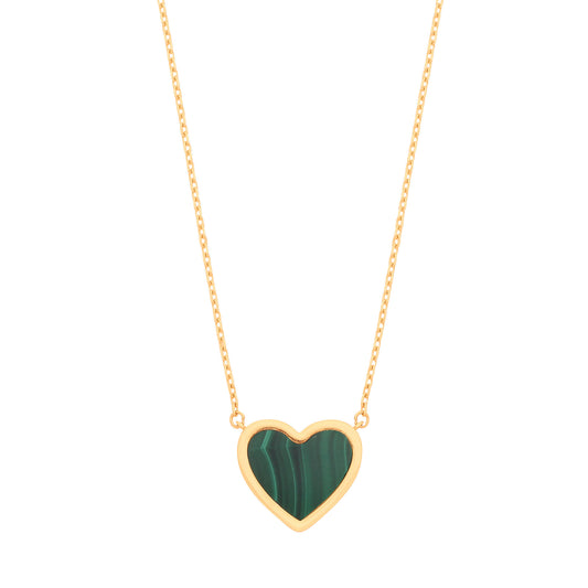 9ct Yellow Gold Emerald Green Heart Necklace Two-Sided Rubover Pendant with 16"–18" Adjustable Chain