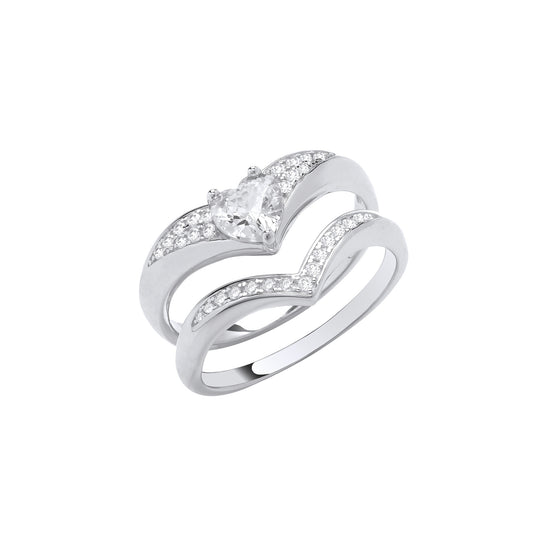 Sterling Silver Heart Cubic Zirconia Wishbone Bridal Ring Set