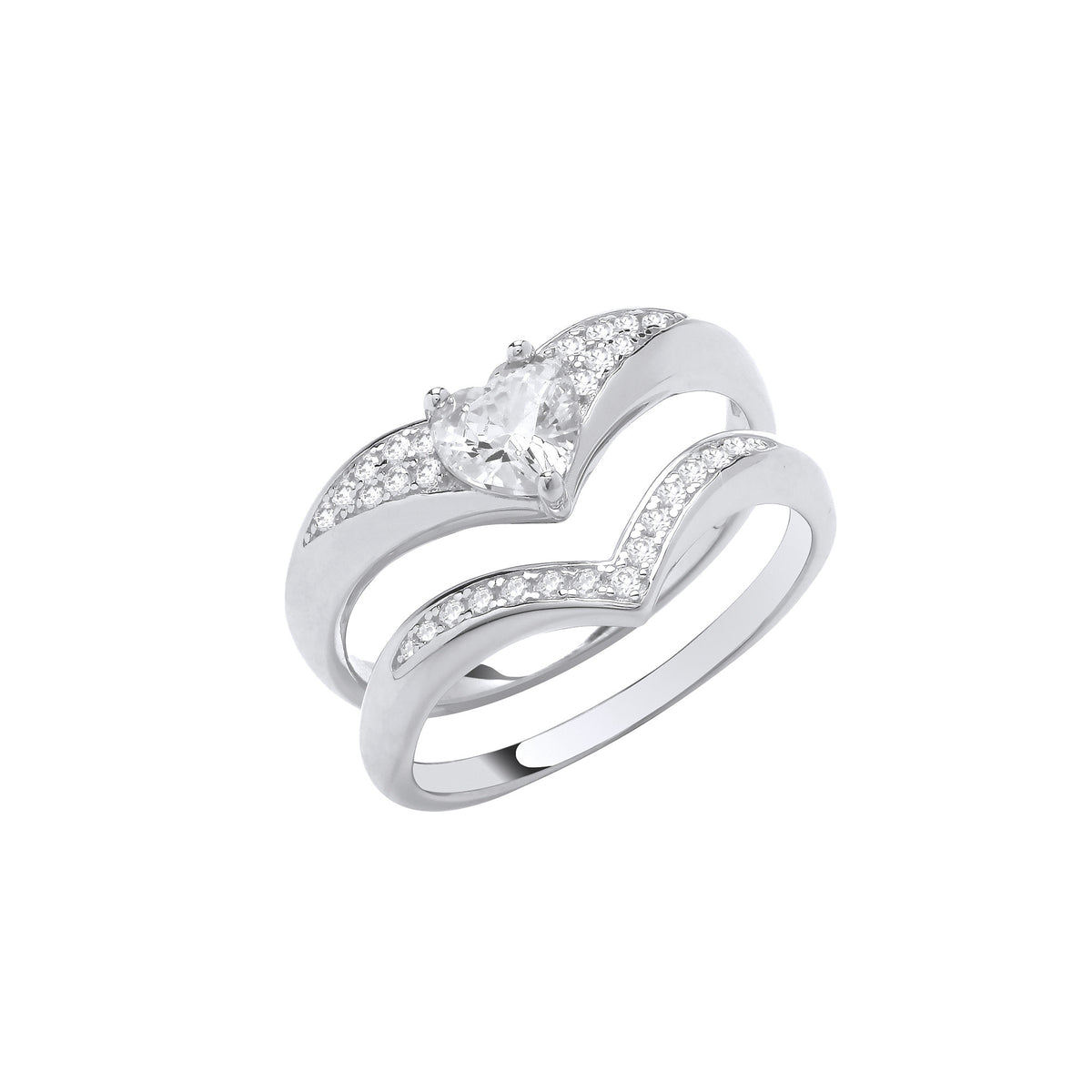 Sterling Silver Heart Cubic Zirconia Wishbone Bridal Ring Set