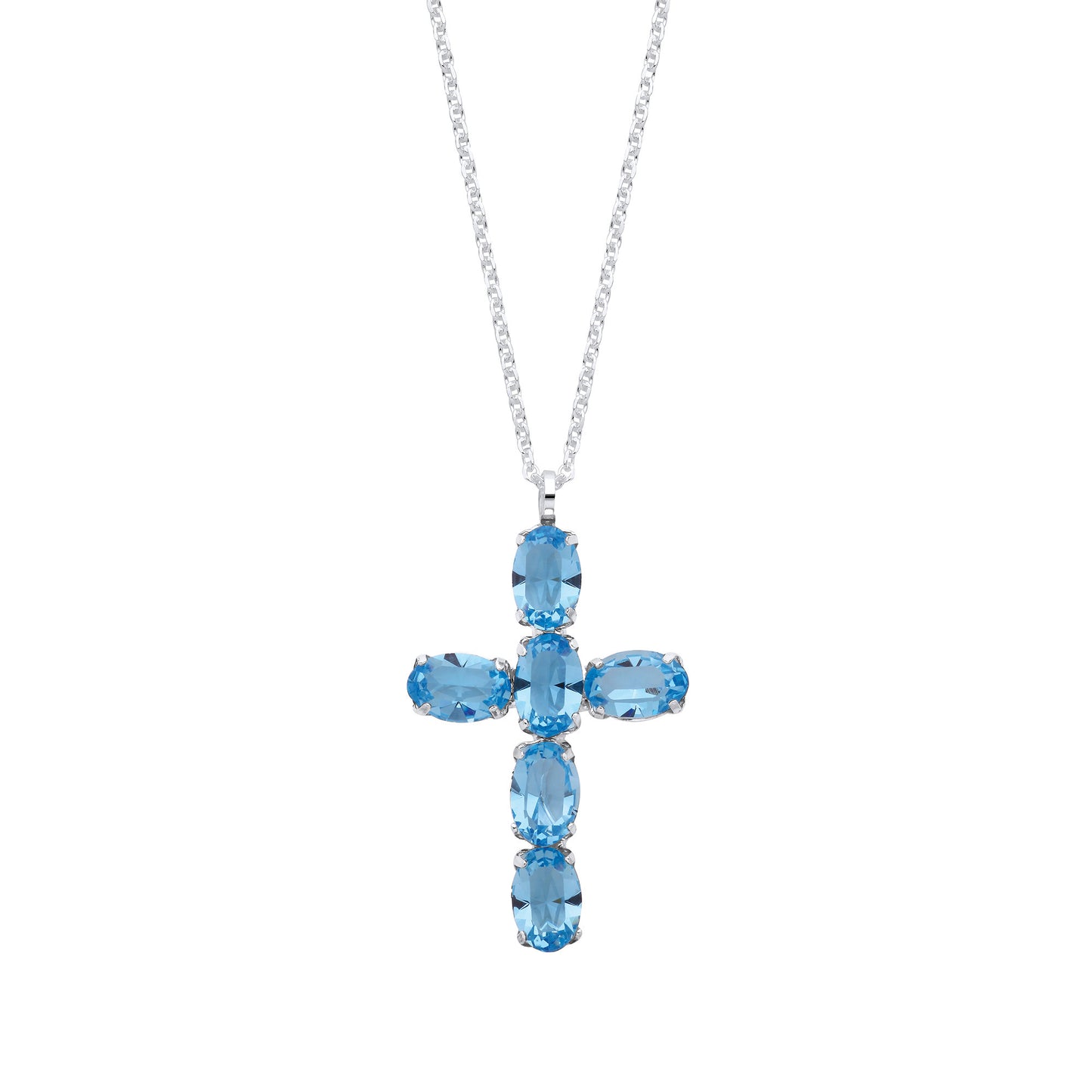 Silver Blue Crystal Cross Pendant on Chain