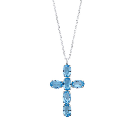 Silver Blue Crystal Cross Pendant on Chain