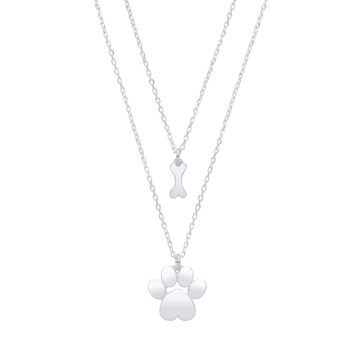 Sterling Silver Dog Paw & Bone Layered Pendant Necklace (16" / 18" Adjustable)