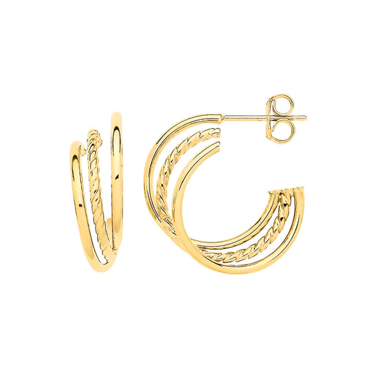 9ct Yellow Gold Upside-Down Triple Hoop Earrings