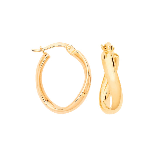 9ct Yellow Gold Swirl Oval Hollow Hoop Earrings