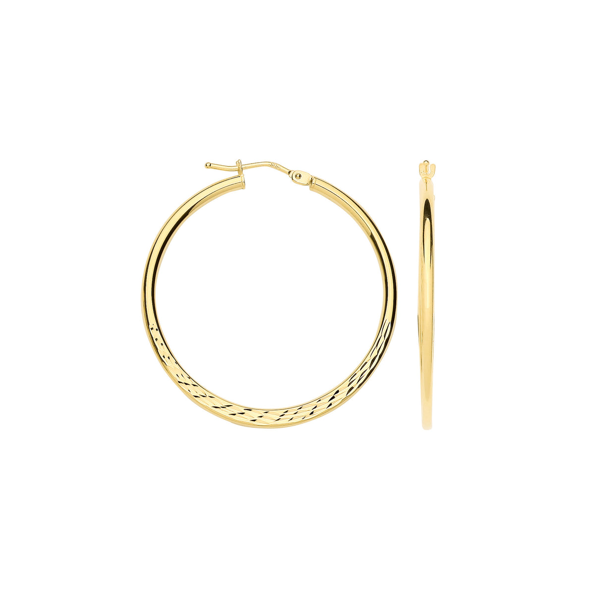 9ct Yellow Gold 30mm Half Diamond-Cut Half Plain Hoop Earrings