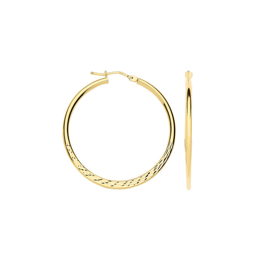 9ct Yellow Gold 30mm Half Diamond-Cut Half Plain Hoop Earrings