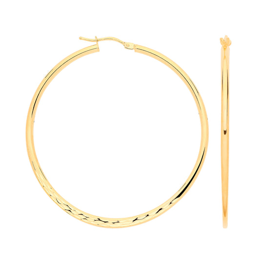 9ct Yellow Gold 40mm Half Diamond-Cut Half Plain Hoop Earrings