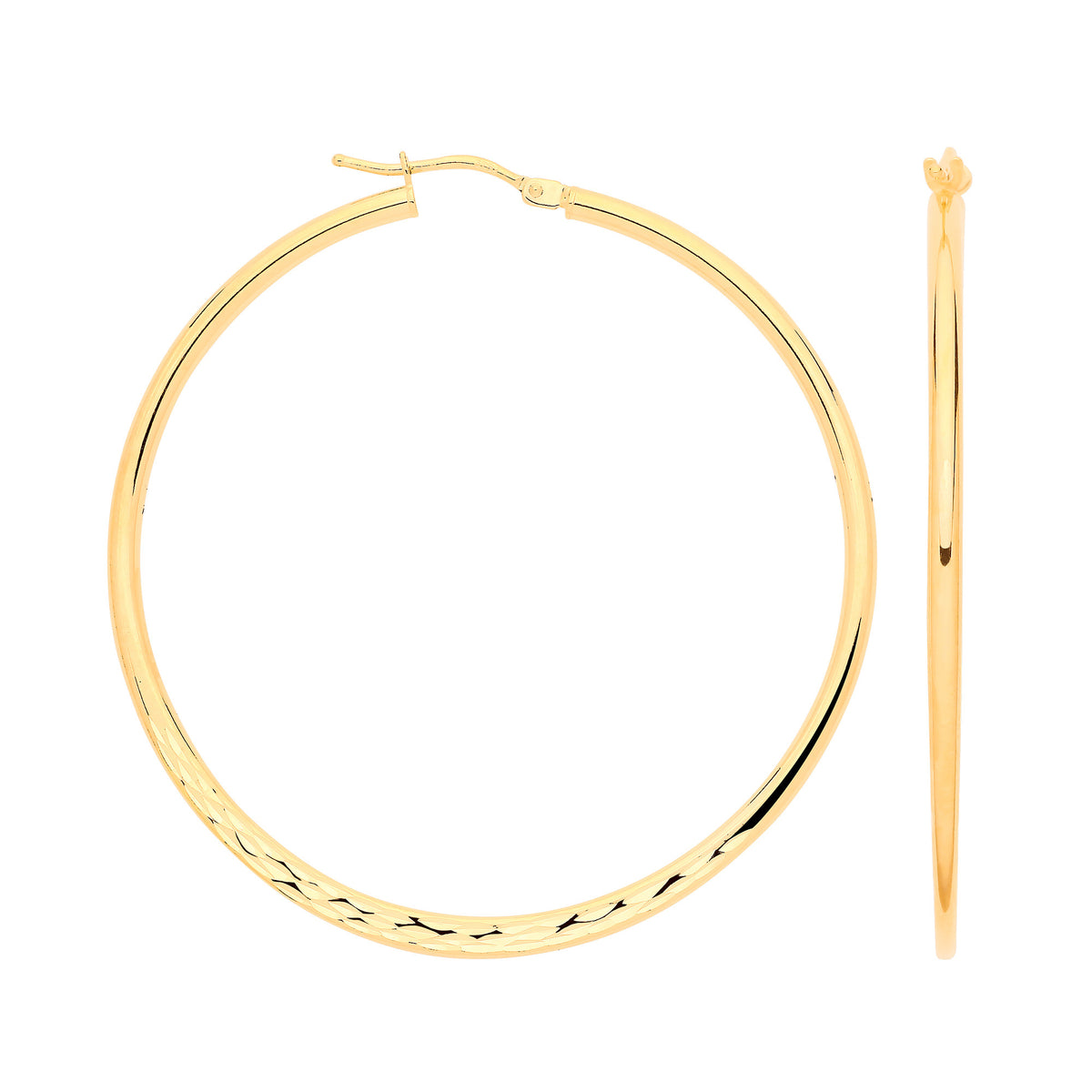 9ct Yellow Gold 40mm Half Diamond-Cut Half Plain Hoop Earrings