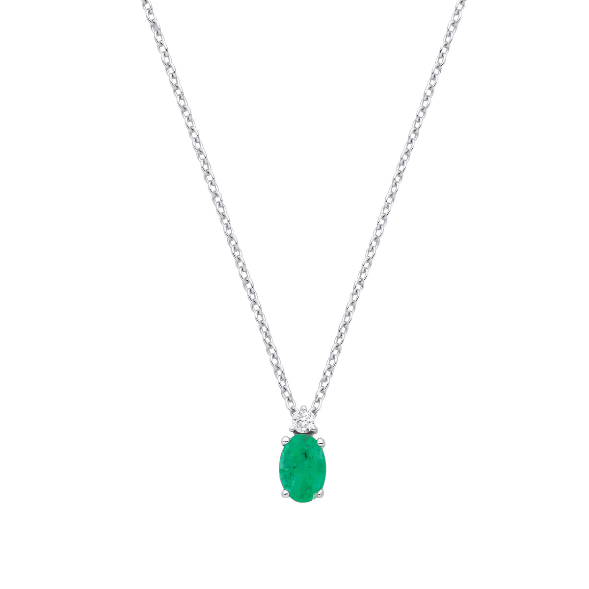 9ct White Gold Diamond 0.03ctw & Emerald 0.38ctw Necklace (Chain 17")