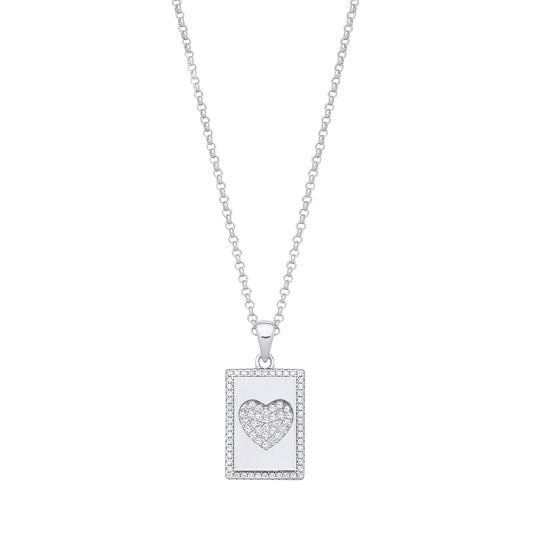 Silver Dog Tag CZs Heart Pendant on Chain