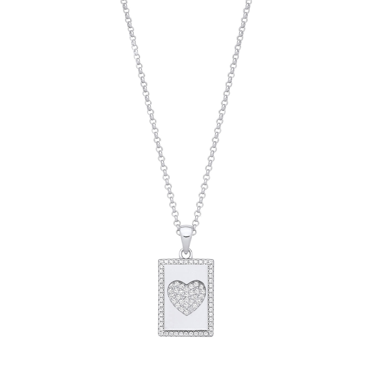 Silver Dog Tag CZs Heart Pendant on Chain
