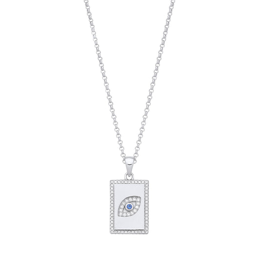 Sterling Silver Dog Tag Cubic Zirconia Evil Eye Pendant with Chain