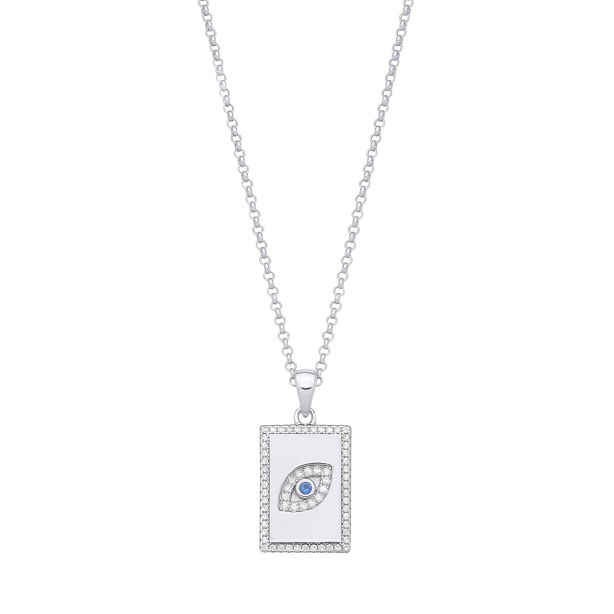 Sterling Silver Dog Tag Cubic Zirconia Evil Eye Pendant with Chain