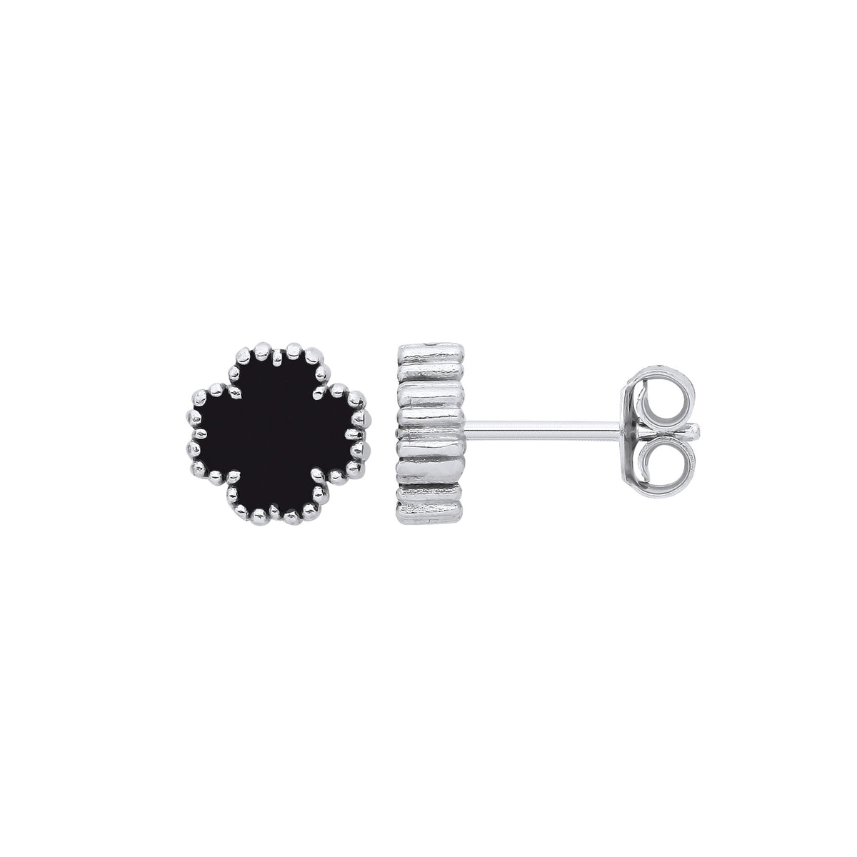 Sterling Silver Black Enamel Four Leaf Clover Stud Earrings