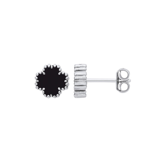 Sterling Silver Black Enamel Four Leaf Clover Stud Earrings
