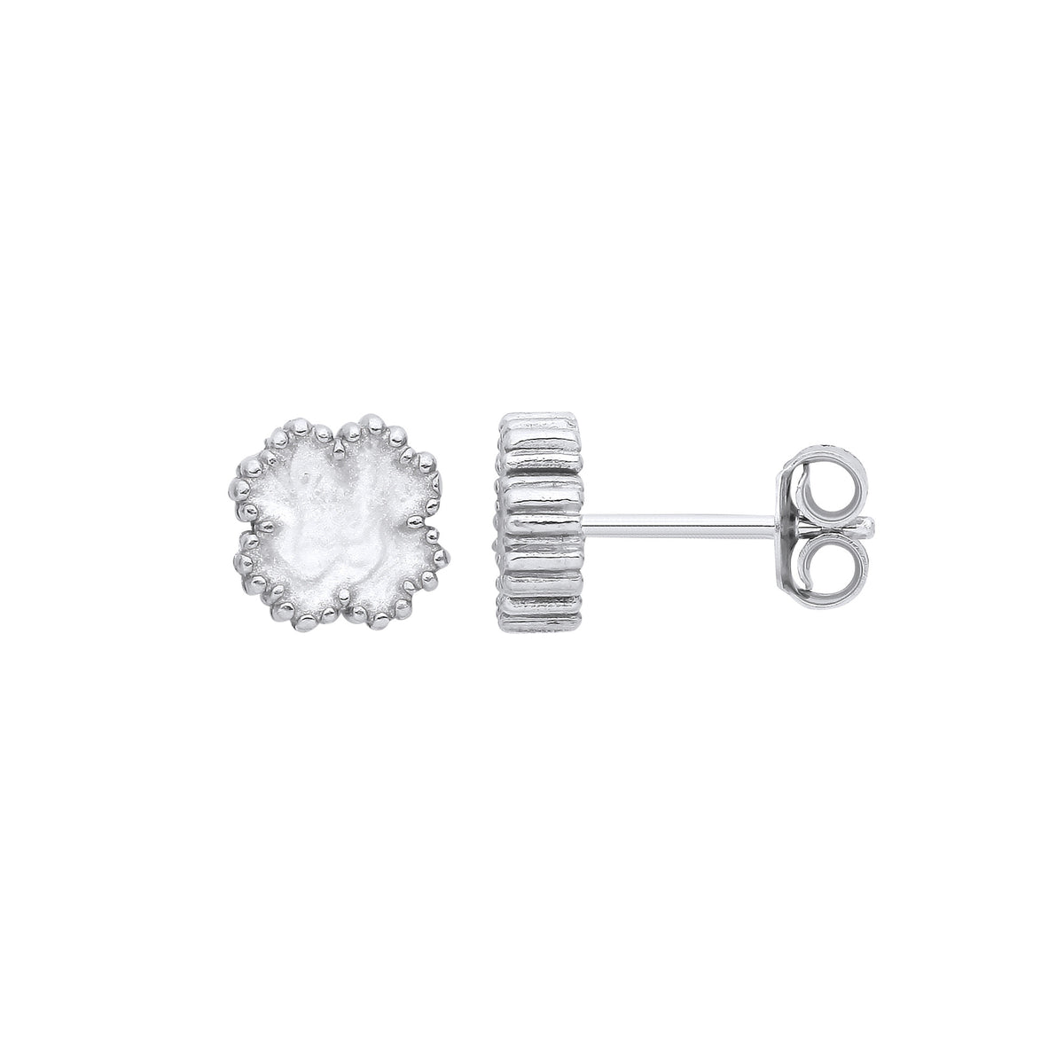 Sterling Silver White Enamel Four Leaf Clover Stud Earrings