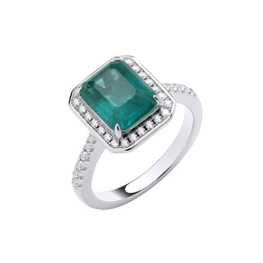 Silver CZs & Green Fusion Stone Centre in Emerald Cut Ring