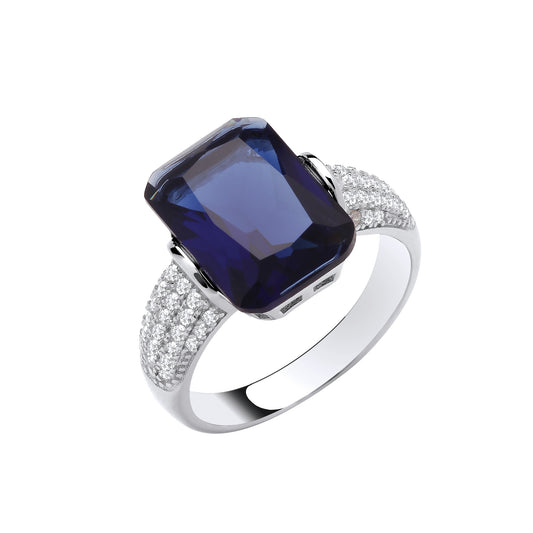 Sterling Silver Deep Blue Emerald Cut Cz Ring